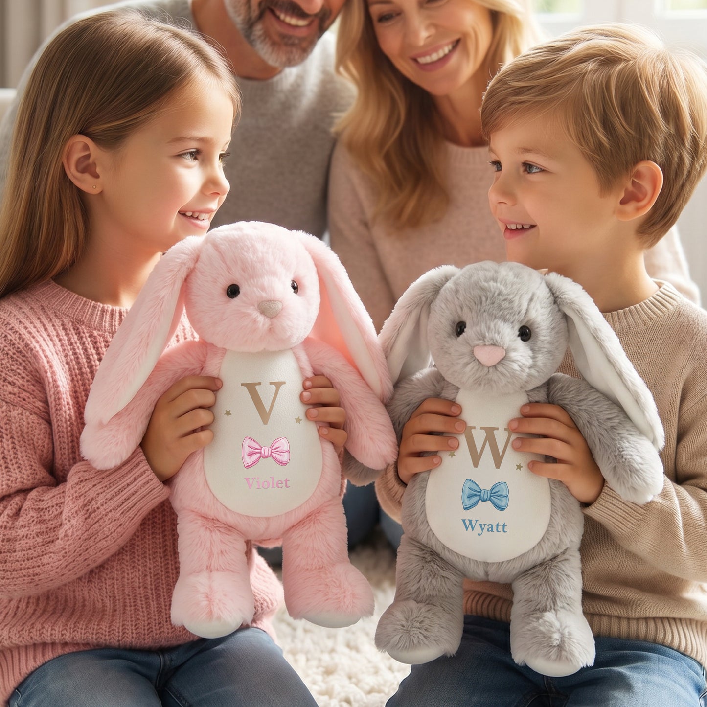 Personalized Cute Bow Bunny Bear Plush Toy with Name and Initial Daily Use Birthday Gift for Couple Kids
