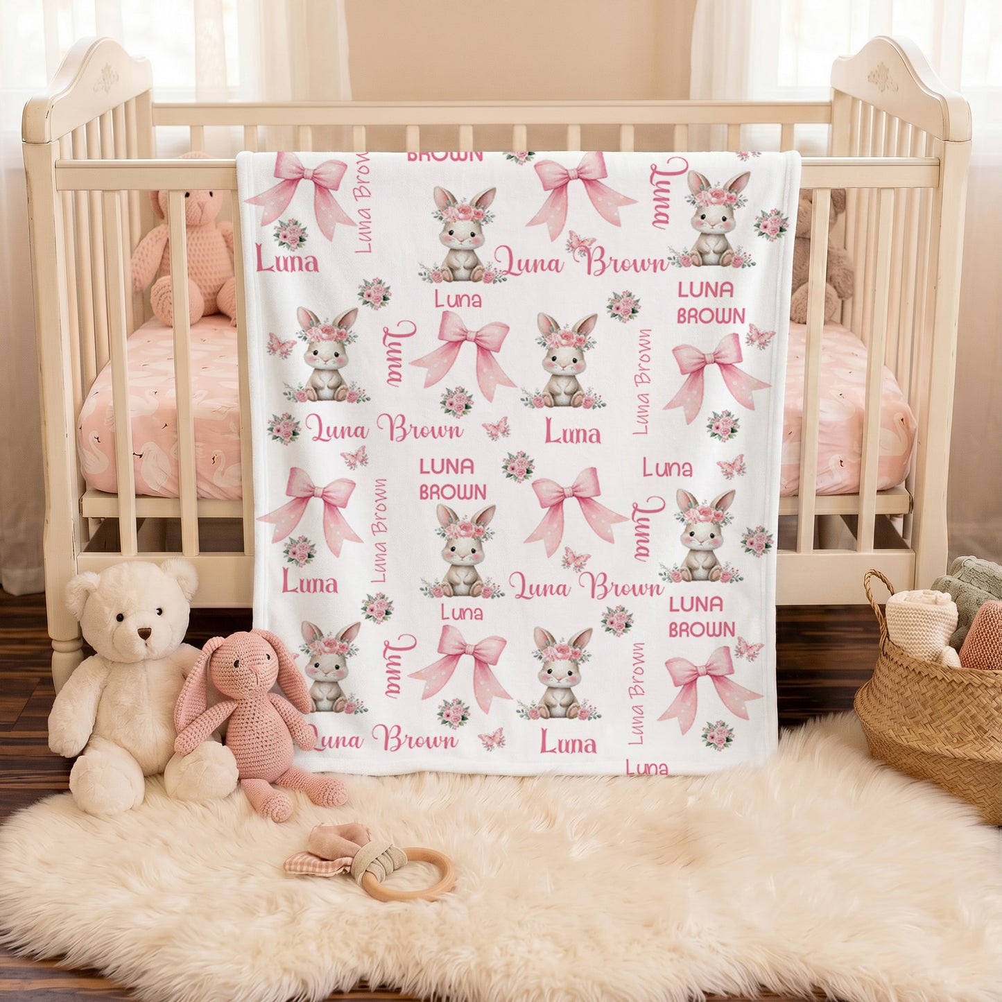 Personalized Floral Bunny Pink Bow Soft Throw Blanket with Name Bedroom Decor Baby Shower Birthday Gift for Baby Girl