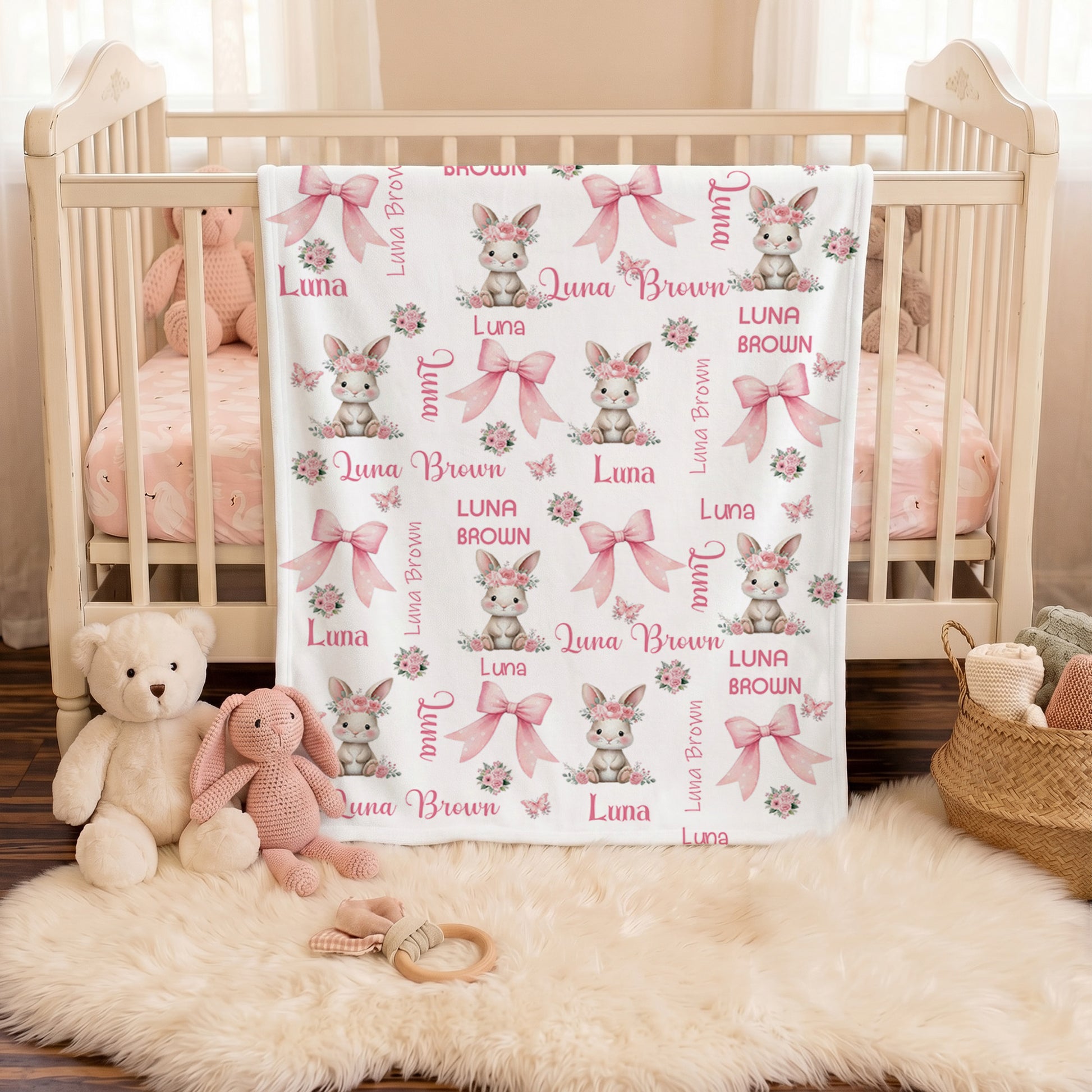 Personalized Floral Bunny Pink Bow Soft Throw Blanket with Name Bedroom Decor Baby Shower Birthday Gift for Baby Girl