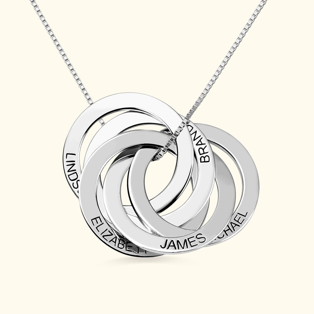 Personalized Sterling Silver 2-5 Russian Ring Interlocking Necklace with Engraved Name Mother's Day Birthday Gift for Family