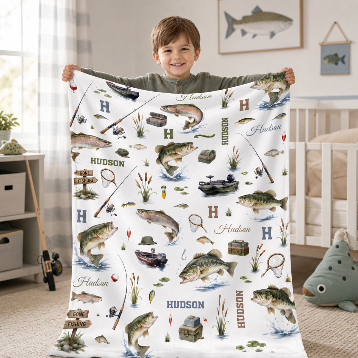 Personalized Gone Fishing Themed Soft Throw Blanket with Initial and Name Home Decor Birthday Baby Shower Gift for Newborns New Parents