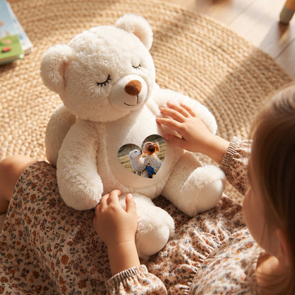 Personalized Cute Cartoon Bunny Bear Plush Toy with Heart Photo Daily Use Birthday Gift for Couple Kids