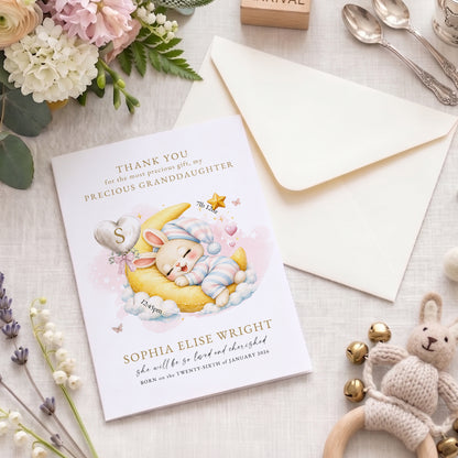 Personalized Watercolor Sleeping Animal Birth Announcement Greeting Card with Name Text and Birth Message Baby Shower Birthday Gift for New Parents