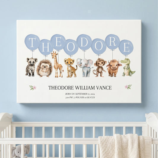 Personalized Watercolor Animals Balloons Canvas Prints with Name Warm Nursery Decor Ship from USA Baby Shower Birthday Gift for Newborns New Parents
