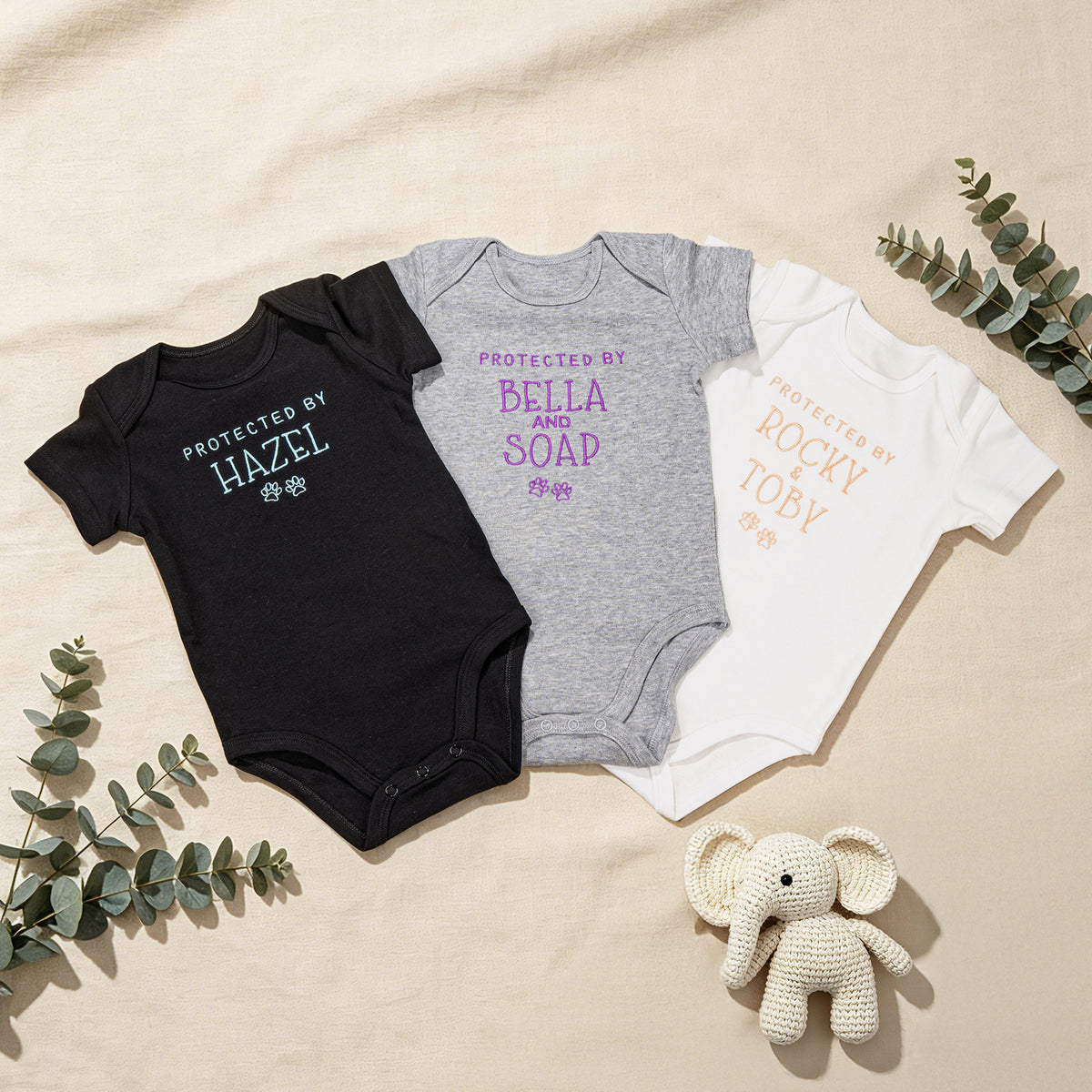 Personalized 100% Cotton Embroidered Protected By Pet Baby Bodysuit with Text and Paw Print Baby Shower Birthday Gift for Newborn Baby
