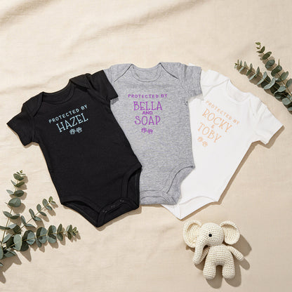 Personalized 100% Cotton Embroidered Protected By Pet Baby Bodysuit with Text and Paw Print Baby Shower Birthday Gift for Newborn Baby
