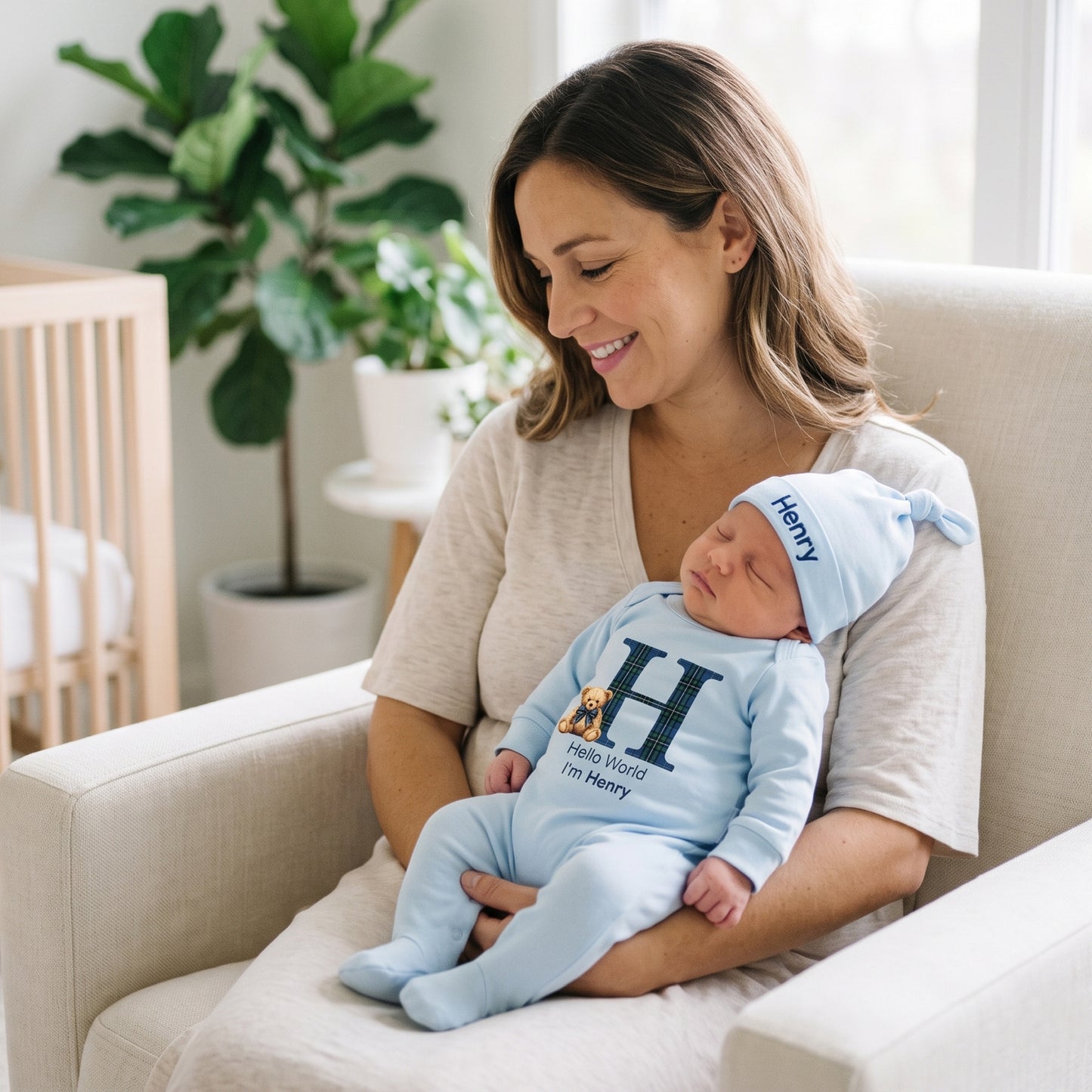 Personalized Teddy Bear Hello World Grid Initial 100% Cotton Baby Romper Hat Set with Name Baby Shower Gift for Newborns