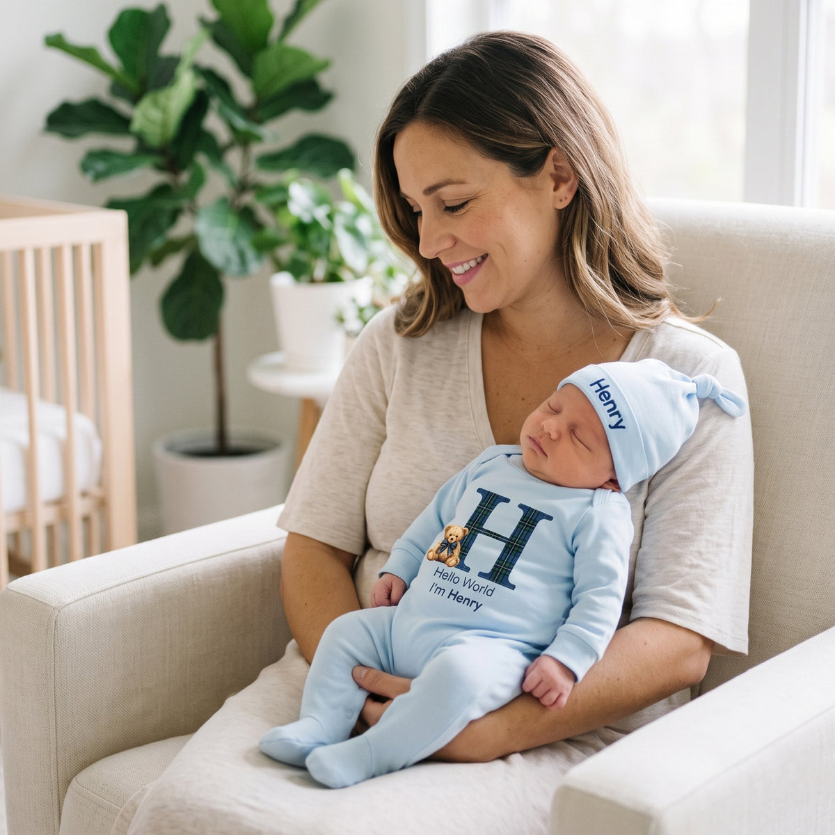 Personalized Teddy Bear Hello World Grid Initial 100% Cotton Baby Romper Hat Set with Name Baby Shower Gift for Newborns