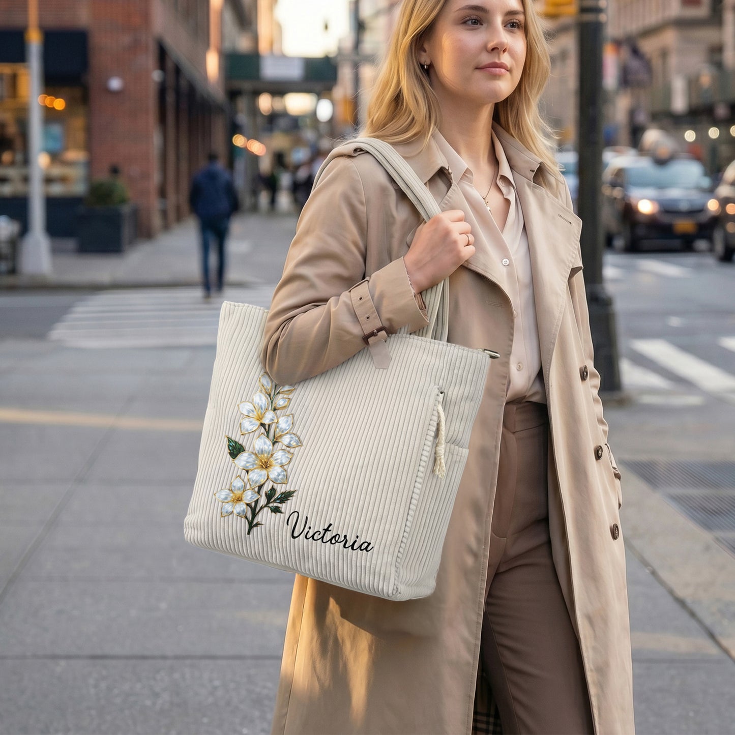 Personalized Birth Flower Large Capacity Corduroy Tote Bag with Name Daily Use Commuting Travel Birthday Gift for Women Office Workers