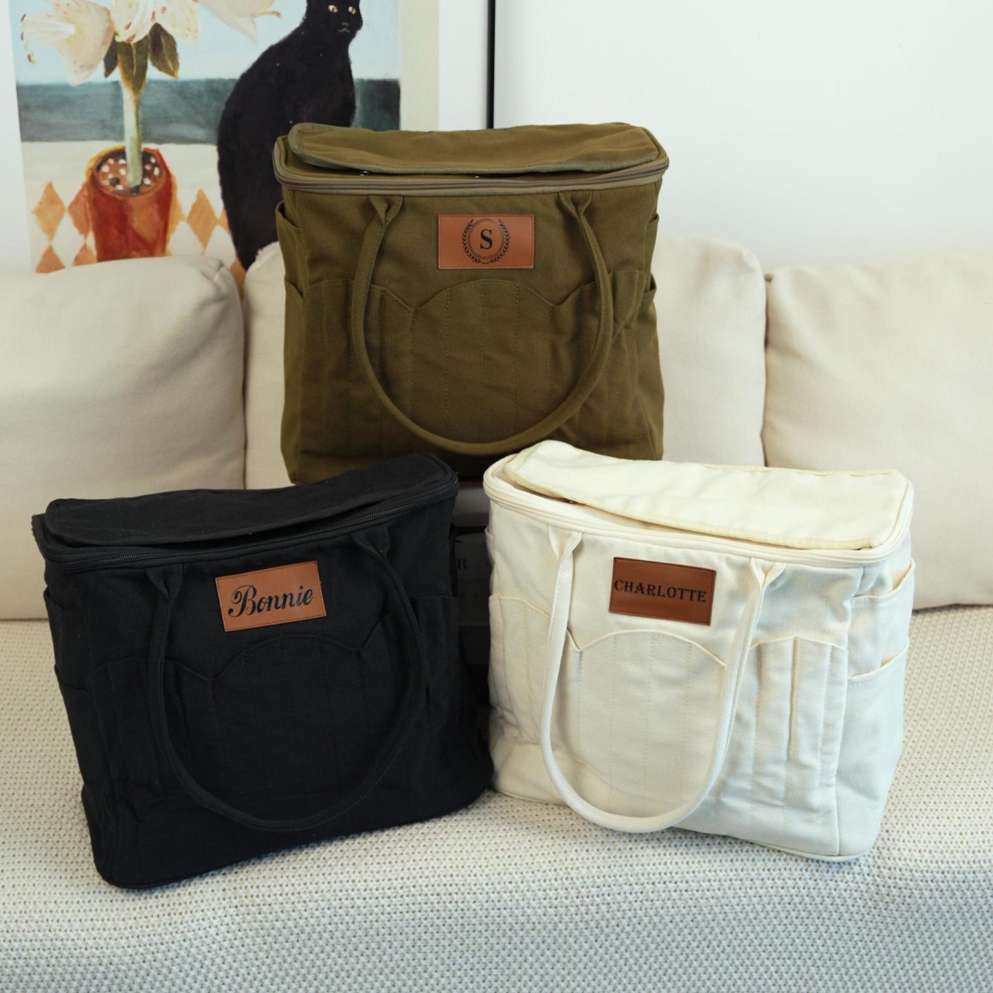 Custom Name Canvas Yarn Tote Bag | Multi-Pocket Knitting Storage, Birthday Gift for Craft Lovers