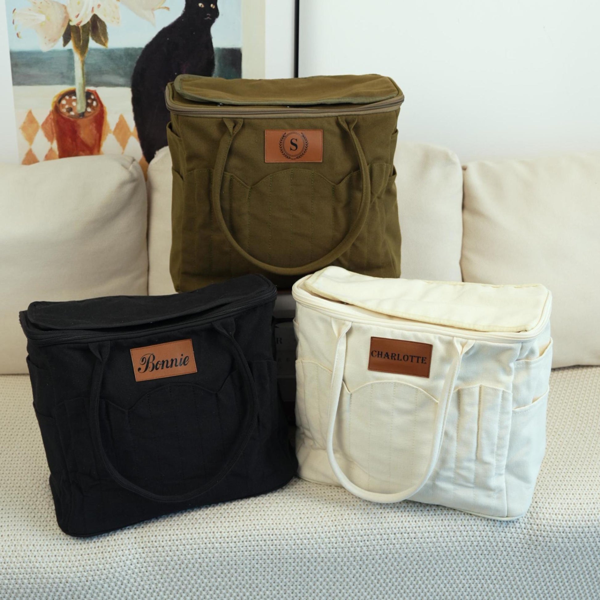 Custom Name Canvas Yarn Tote Bag | Multi-Pocket Knitting Storage, Birthday Gift for Craft Lovers