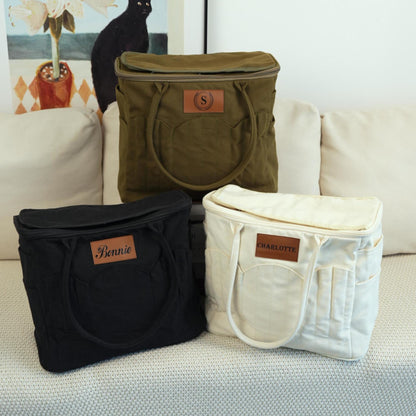 Custom Name Canvas Yarn Tote Bag | Multi-Pocket Knitting Storage, Birthday Gift for Craft Lovers
