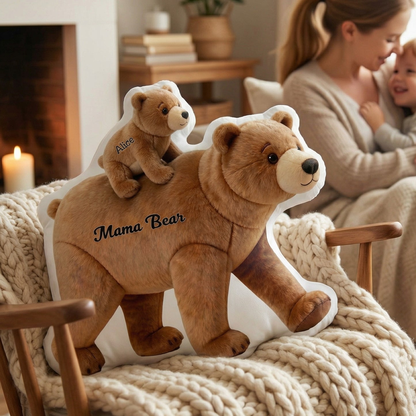 Personalized Mommy Bear Baby Cubs Shaped Throw Pillow with 1-6 Name Mother's Day Birthday Gift for Mom Grandma