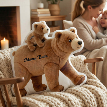 Personalized Mommy Bear Baby Cubs Shaped Throw Pillow with 1-6 Name Mother's Day Birthday Gift for Mom Grandma