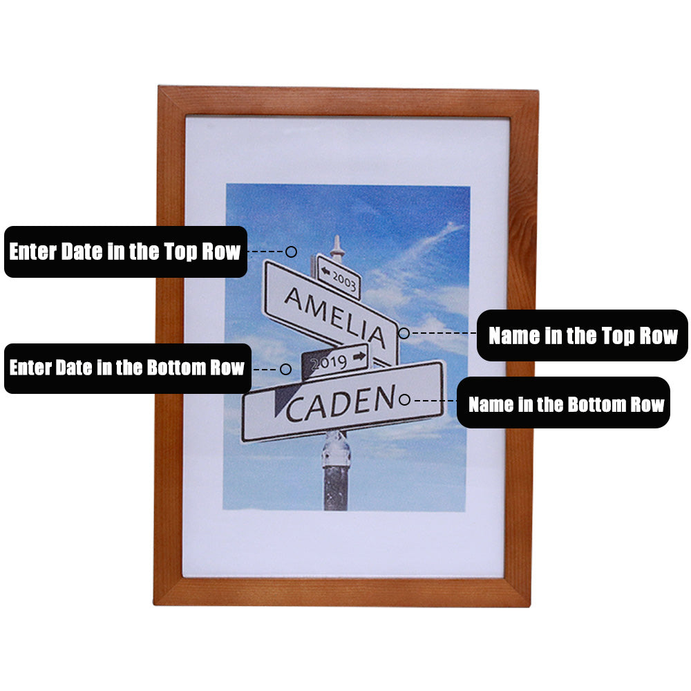25th Anniversary Silver Frame Street Sign Painting with Double Names & Date