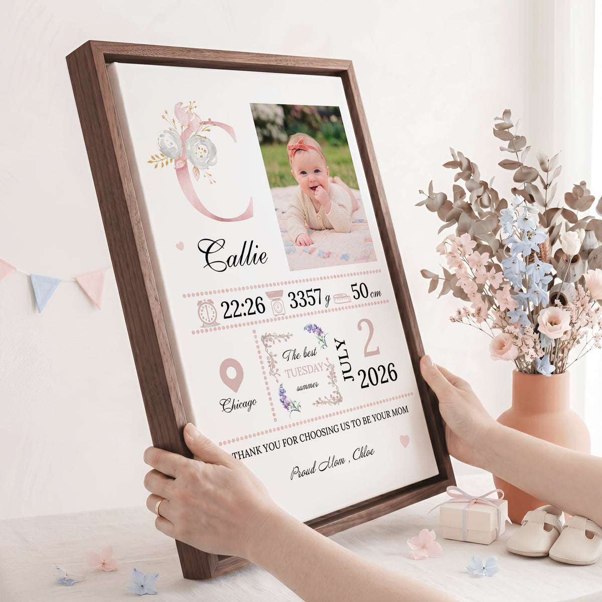 Personalized Birth Flower Photo Canvas Prints with Name Year and Title Warm Minimalist Nursery Decor Ship from USA Birthday Gift for Parents Family