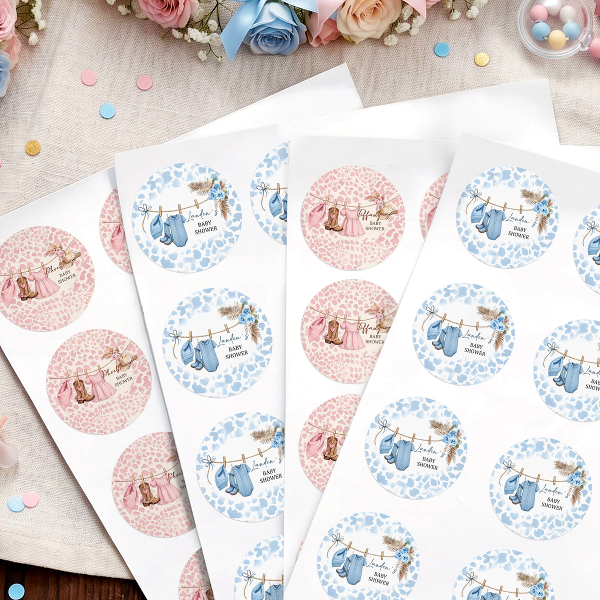 Personalized Self-Adhesive Leopard Print Pink Blue Sticker Label with Name Baby Shower Gender Reveal Party Gift for New Baby New Parents