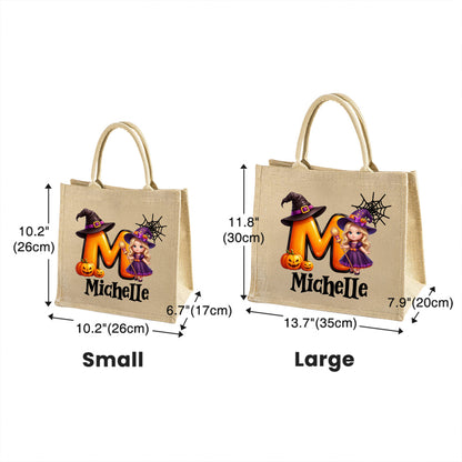 Personalized Pumpkin Halloween Cartoon Ghost Character Jute Tote Bag with Name Halloween Party Gift for Boys Girls