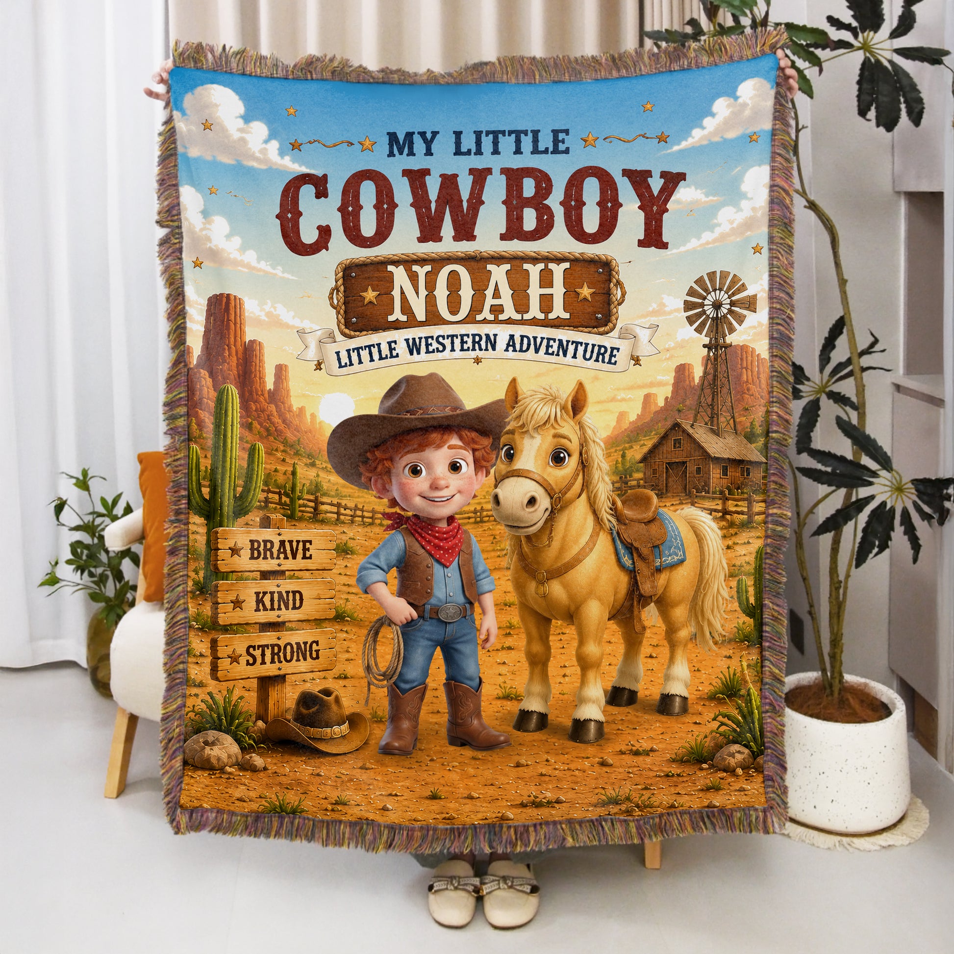 Personalized Western Cowboy Photo Horse Pattern Soft Tassel Throw Blanket with Name Home Decor Daily Use Birthday Gift for Kids