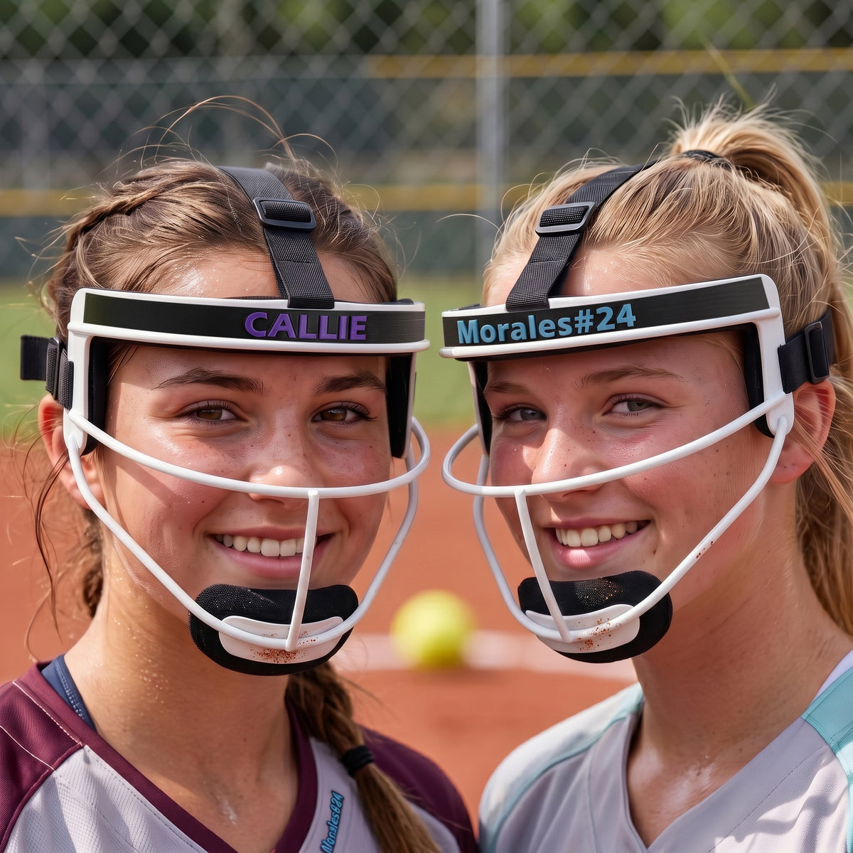 Personalized Multicolor Softball Fielder’s Mask Name Plate with Text Season‑End Gift for Softball Athletes