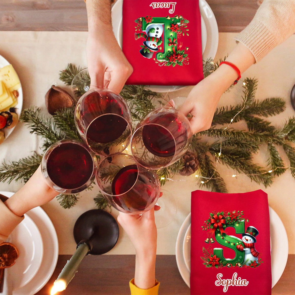 Personalized 100% Cotton Christmas Snowman Initial Reusable Table Napkin with Name Table Decor Christmas Gift for Family