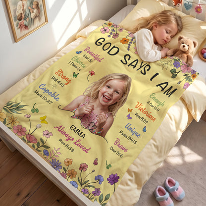 Personalized God Says I Am Thick Paint Illustration Soft Throw Blanket with Photo Text and Name Home Decor Baptism Gift for Christian Believers