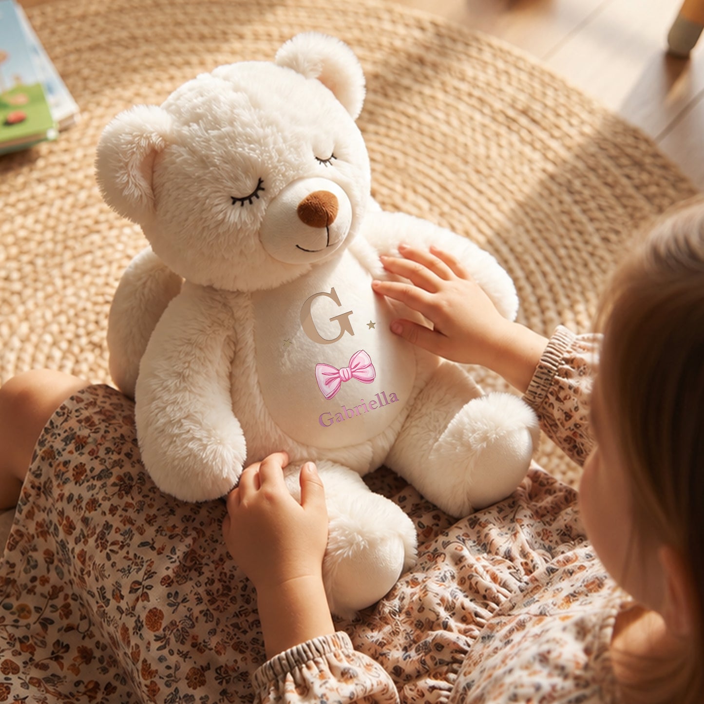 Personalized Cute Bow Bunny Bear Plush Toy with Name and Initial Daily Use Birthday Gift for Couple Kids