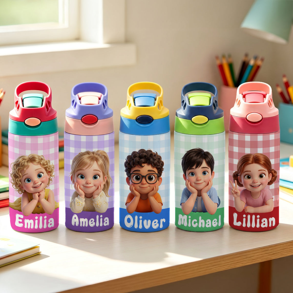 Personalized Cartoon Character Photo Water Bottle with Name and Silicone Straw Outdoor Activities Birthday Back to School Gift for Students Kids