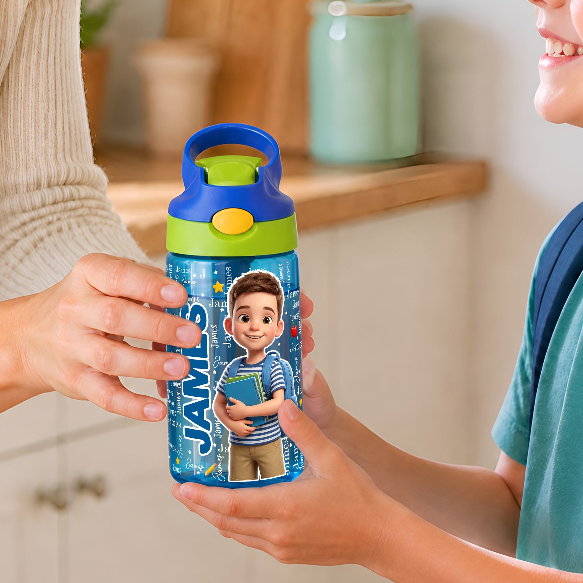 Personalized 3D-Style Design Cartoon Photo 16 oz Kid Water Bottle with Name and Silicone Straw Back to School Birthday Gift for Boys Girls