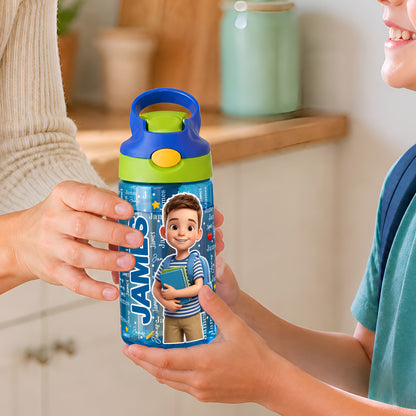 Personalized 3D-Style Design Cartoon Photo 16 oz Kid Water Bottle with Name and Silicone Straw Back to School Birthday Gift for Boys Girls