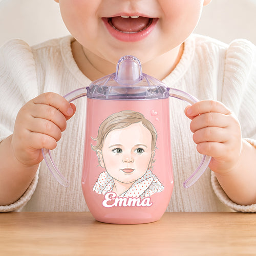 Personalized Watercolor Photo 10 oz Thermal Insulated Sippy Cup with Name Baby Shower Toddler Birthday Gift for Kids Boys Girls