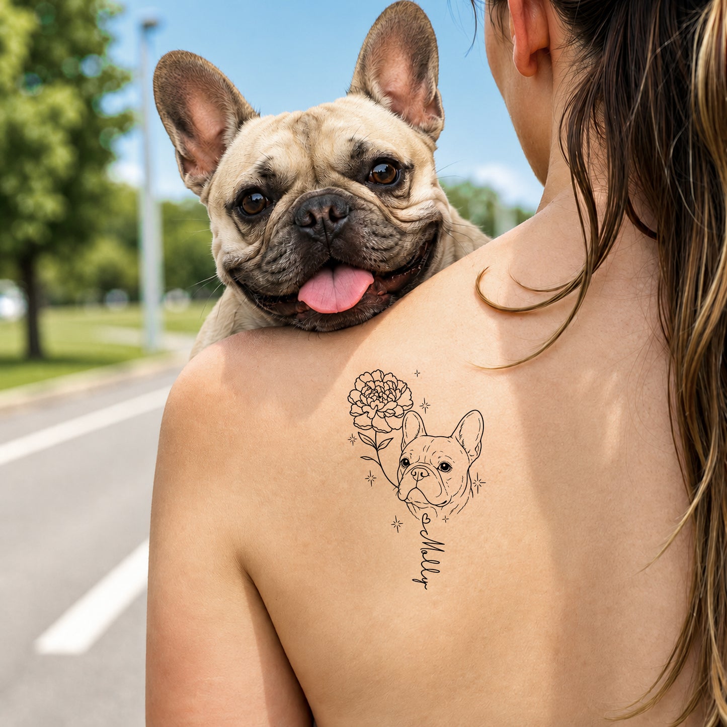 Personalized Line-Art Pet Photo Birth Flower Tattoo Sticker with  Name Party Birthday Gift for Dog Cat Pet Lover Owner