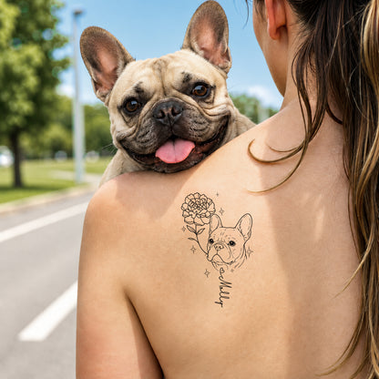 Personalized Line-Art Pet Photo Birth Flower Tattoo Sticker with  Name Party Birthday Gift for Dog Cat Pet Lover Owner
