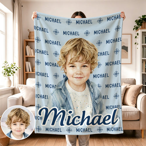 Personalized Watercolor Style Photo Soft Throw Blanket with Name Anniversary Birthday Gift for Kid