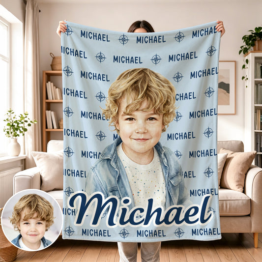 Personalized Watercolor Style Photo Soft Throw Blanket with Name Anniversary Birthday Gift for Kid