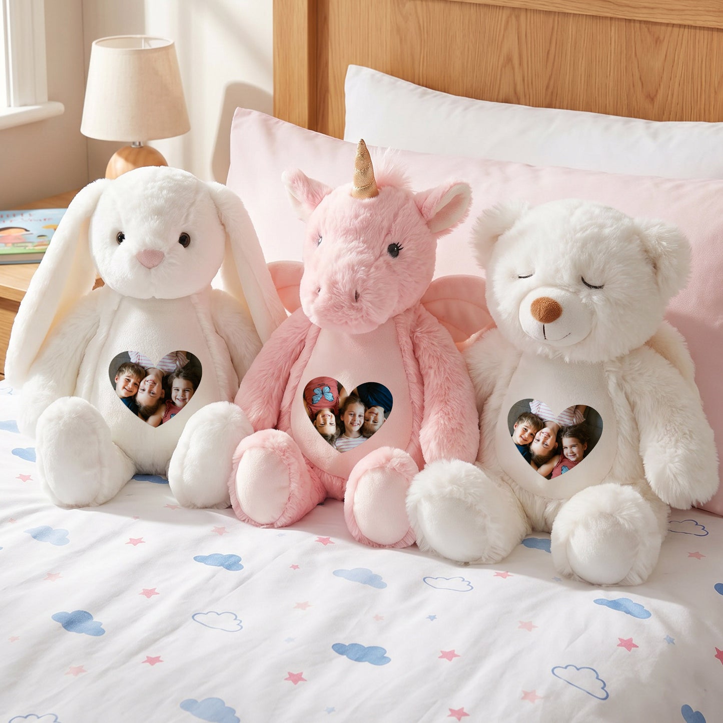 Personalized Cute Cartoon Bunny Bear Plush Toy with Heart Photo Daily Use Birthday Gift for Couple Kids