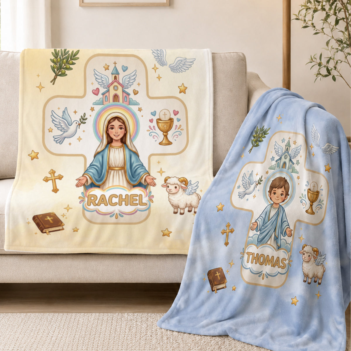 Personalized Virgin Mary & Jesus Cross Soft Warm Throw Blanket with Name Room Decor Baptism Gift for Kid Newborn
