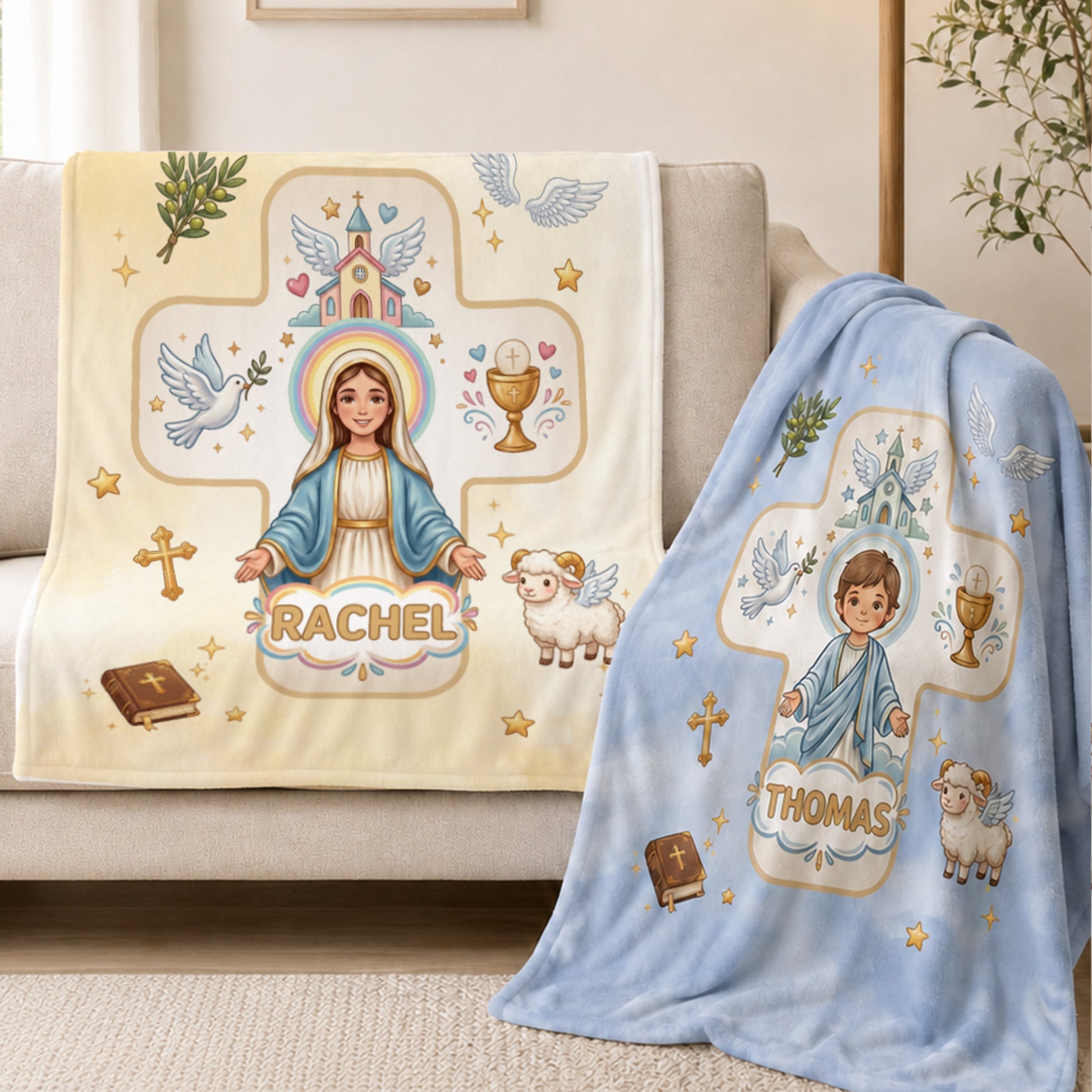 Personalized Virgin Mary & Jesus Cross Soft Warm Throw Blanket with Name Room Decor Baptism Gift for Kid Newborn
