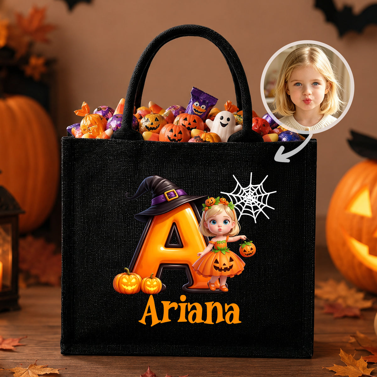 Personalized Pumpkin Halloween Cartoon Ghost Character Jute Tote Bag with Name Halloween Party Gift for Boys Girls