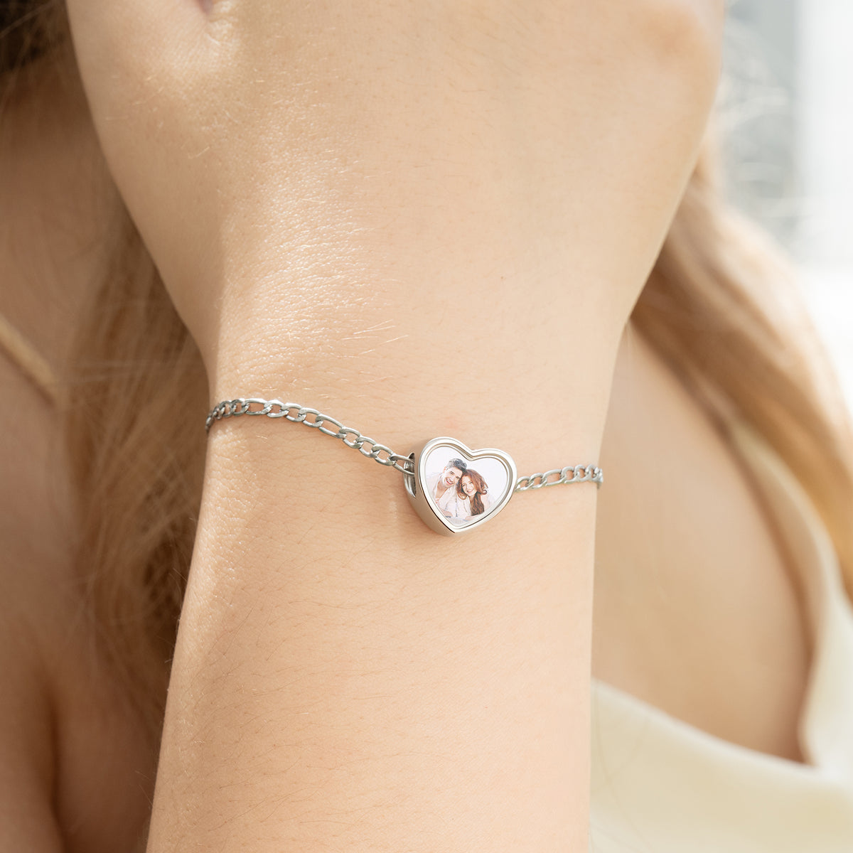 Personalized Sterling Silver Crystal Heart Photo Charm Accessory Fit Necklace Bracelet Valentine's Day Birthday Gift for Family Friends