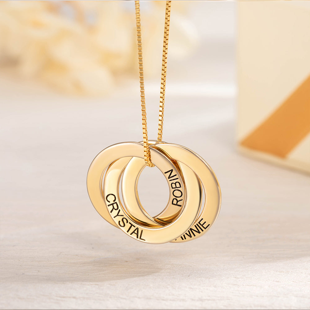 Personalized Sterling Silver 2-5 Russian Ring Interlocking Necklace with Engraved Name Mother's Day Birthday Gift for Family