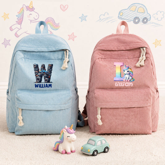 Personalized Cartoon Truck Fantasy Unicorn Initial Multicolor Corduroy Backpack with Name Back to School Birthday Gift for Kids Toddlers
