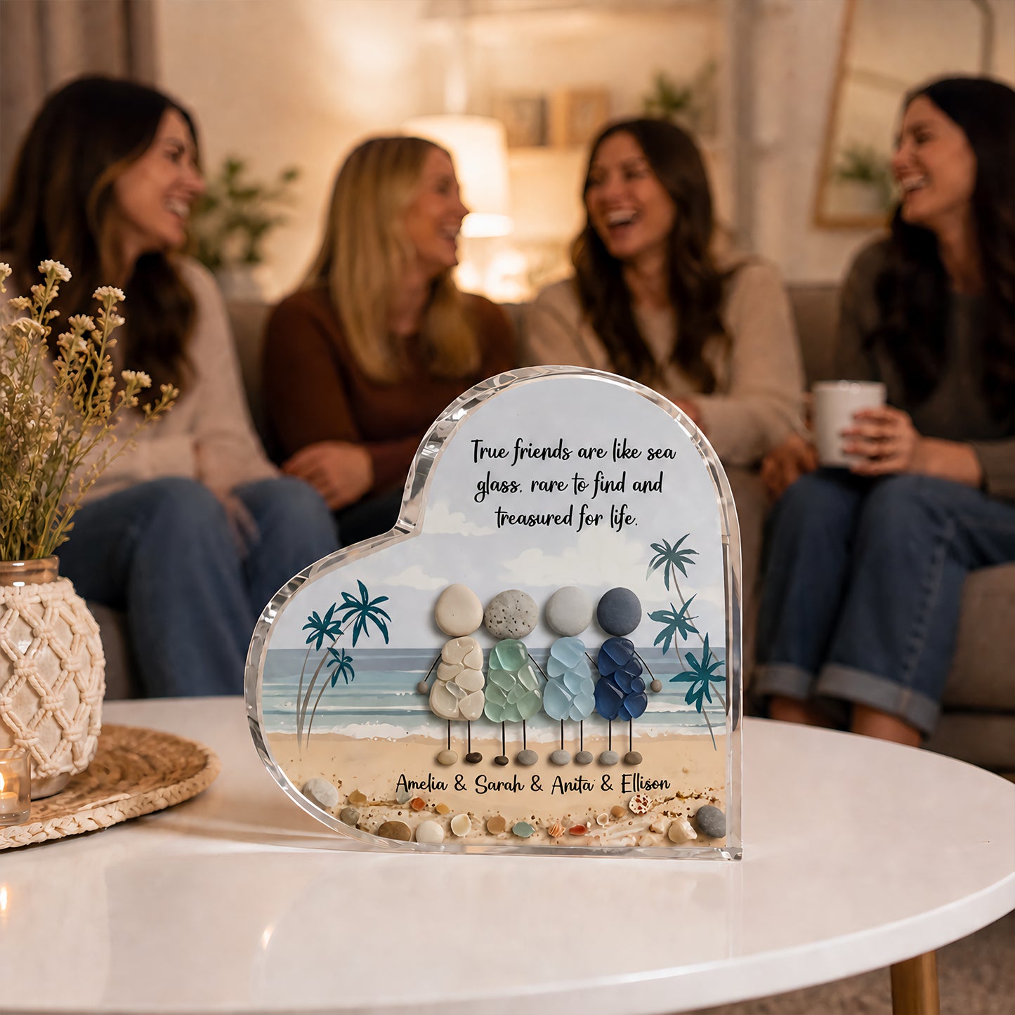 Personalized Sea Glass Inspired Beach Friendship Heart-Shaped Acrylic Plaque with Text Birthday Gift for Sisters Friends Bestie