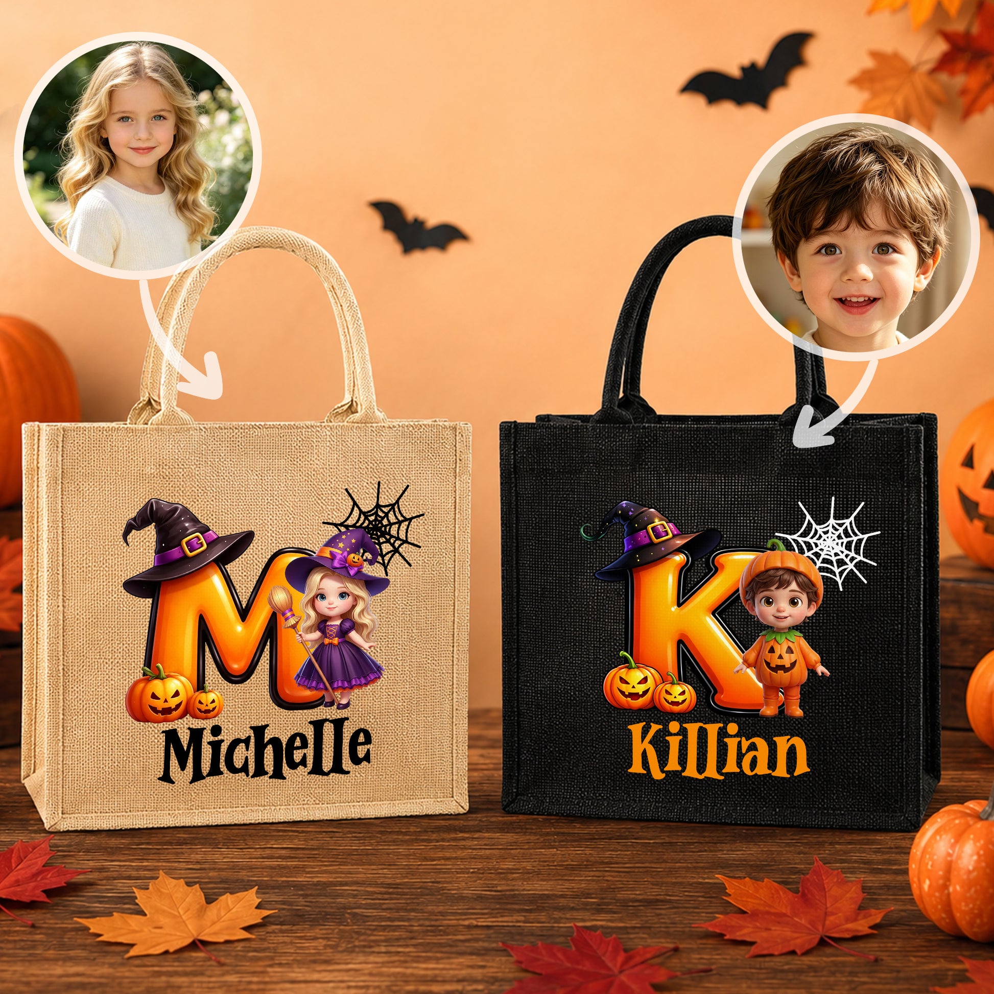 Personalized Pumpkin Halloween Cartoon Ghost Character Jute Tote Bag with Name Halloween Party Gift for Boys Girls