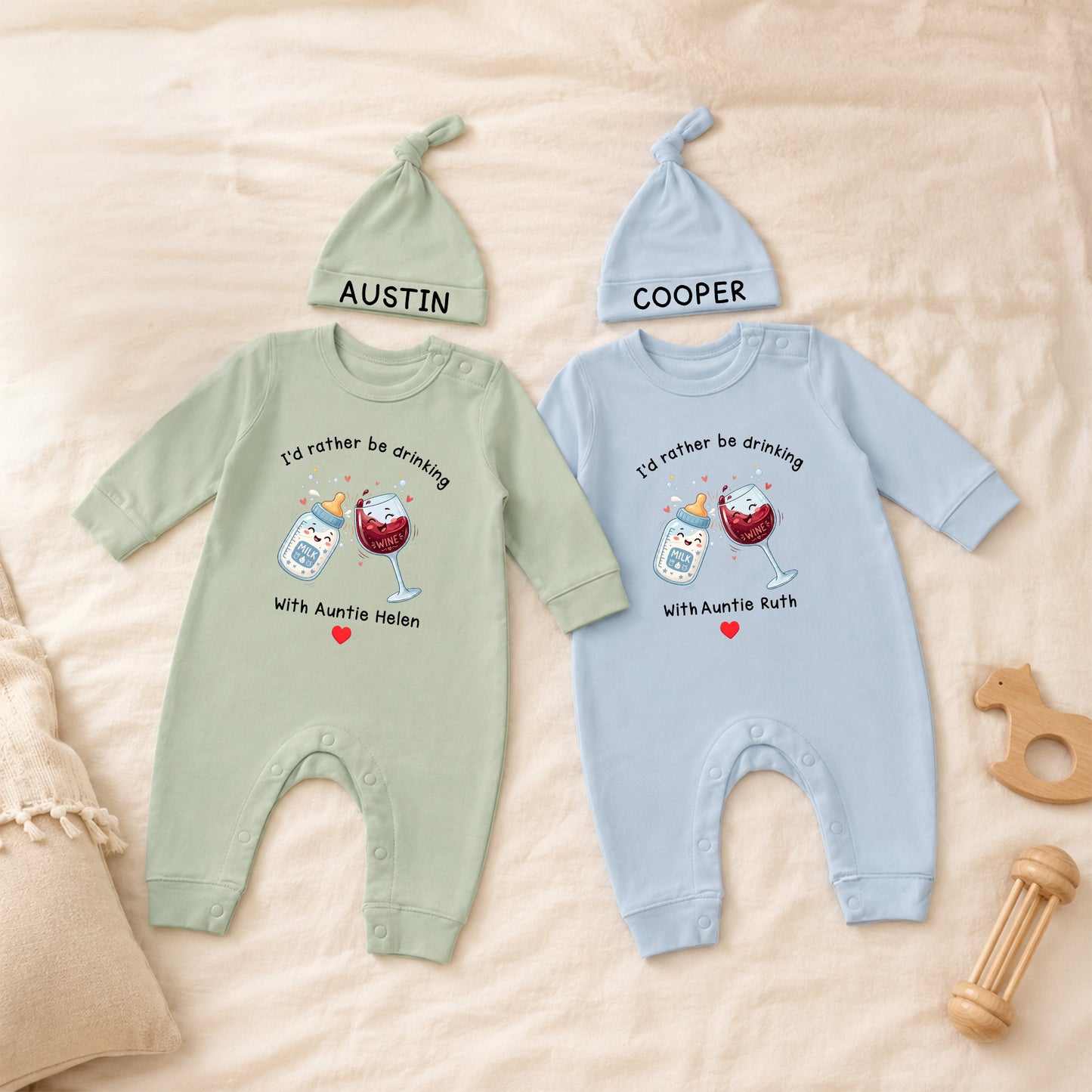 Personalized I'd Rather Be Drinking 100% Cotton Long-Sleeve Baby Romper Hat Set with Name Funny Baby Shower First Birthday Gift for Baby Newborn