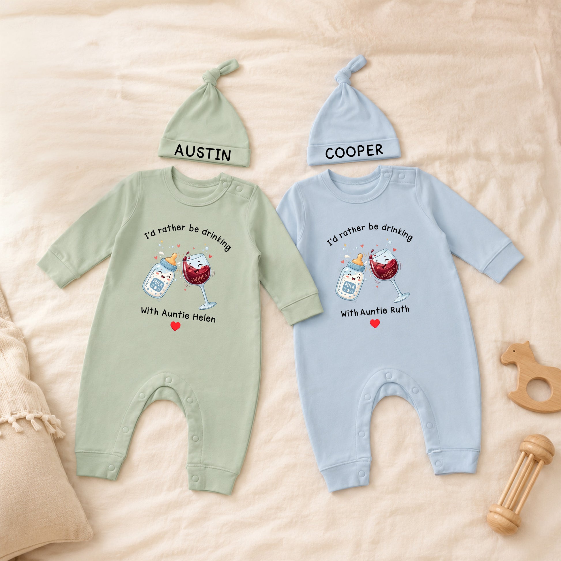 Personalized I'd Rather Be Drinking 100% Cotton Long-Sleeve Baby Romper Hat Set with Name Funny Baby Shower First Birthday Gift for Baby Newborn