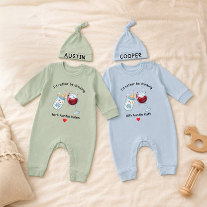 Personalized I'd Rather Be Drinking 100% Cotton Long-Sleeve Baby Romper Hat Set with Name Funny Baby Shower First Birthday Gift for Baby Newborn
