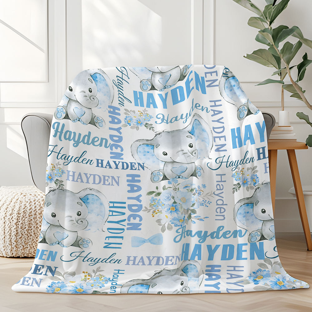 Personalized Cute Pink Blue Floral Elephant Soft Throw Blanket with Multiple Names Nursery Room Decor Birthday Baby Shower Gift for Boys Girls