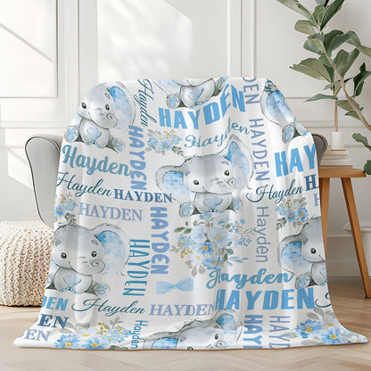 Personalized Cute Pink Blue Floral Elephant Soft Throw Blanket with Multiple Names Nursery Room Decor Birthday Baby Shower Gift for Boys Girls