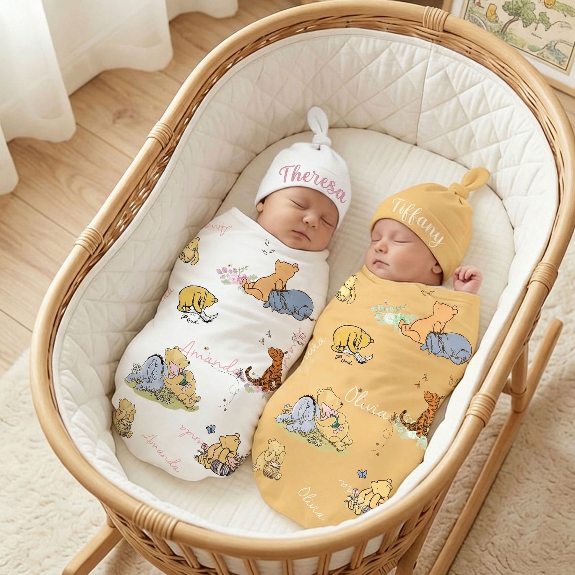 Personalized Classic Winnie the Pooh 100% Cotton Soft Swaddle Hat Set with Name Birthday Baby Shower Gift for Baby Newborn